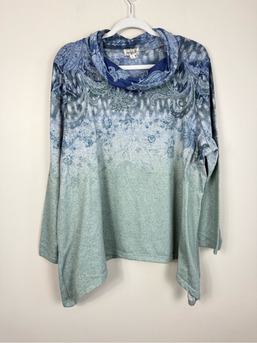 One World Sweater Womens 2X Top Paisley Blue Green Preppy Oversized Mockneck